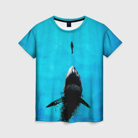 Женская футболка 3D с принтом Акула на охоте в Санкт-Петербурге, 100% полиэфир ( синтетическое хлопкоподобное полотно) | прямой крой, круглый вырез горловины, длина до линии бедер | акула | женщина | море | охота | рыба | хищник