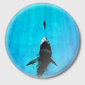 Значок с принтом Акула на охоте в Санкт-Петербурге,  металл | круглая форма, металлическая застежка в виде булавки | акула | женщина | море | охота | рыба | хищник