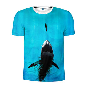 Мужская футболка 3D спортивная с принтом Акула на охоте в Санкт-Петербурге, 100% полиэстер с улучшенными характеристиками | приталенный силуэт, круглая горловина, широкие плечи, сужается к линии бедра | акула | женщина | море | охота | рыба | хищник