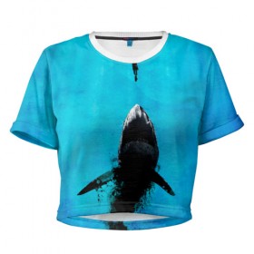 Женская футболка Cropp-top с принтом Акула на охоте в Санкт-Петербурге, 100% полиэстер | круглая горловина, длина футболки до линии талии, рукава с отворотами | акула | женщина | море | охота | рыба | хищник