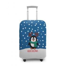 Чехол для чемодана 3D с принтом Праздничный пингвинчик в Санкт-Петербурге, 86% полиэфир, 14% спандекс | двустороннее нанесение принта, прорези для ручек и колес | christmas | deer | new | pinguin | snow | snowflakes | winter | xmas | year | год | зима | новый | олень | пингвин | рождество | снег | снежинки