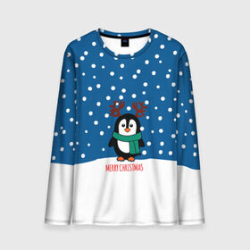 Мужской лонгслив 3D с принтом Праздничный пингвинчик в Санкт-Петербурге, 100% полиэстер | длинные рукава, круглый вырез горловины, полуприлегающий силуэт | christmas | deer | new | pinguin | snow | snowflakes | winter | xmas | year | год | зима | новый | олень | пингвин | рождество | снег | снежинки