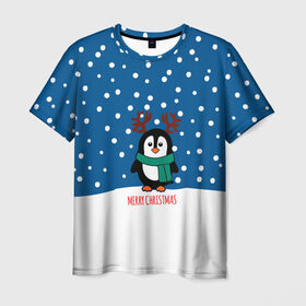 Мужская футболка 3D с принтом Праздничный пингвинчик в Санкт-Петербурге, 100% полиэфир | прямой крой, круглый вырез горловины, длина до линии бедер | christmas | deer | new | pinguin | snow | snowflakes | winter | xmas | year | год | зима | новый | олень | пингвин | рождество | снег | снежинки