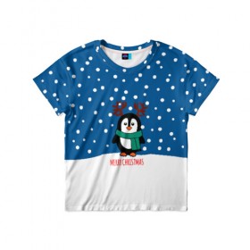 Детская футболка 3D с принтом Праздничный пингвинчик в Санкт-Петербурге, 100% гипоаллергенный полиэфир | прямой крой, круглый вырез горловины, длина до линии бедер, чуть спущенное плечо, ткань немного тянется | christmas | deer | new | pinguin | snow | snowflakes | winter | xmas | year | год | зима | новый | олень | пингвин | рождество | снег | снежинки
