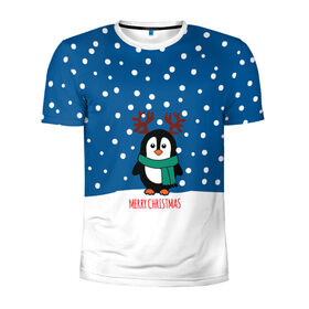 Мужская футболка 3D спортивная с принтом Праздничный пингвинчик в Санкт-Петербурге, 100% полиэстер с улучшенными характеристиками | приталенный силуэт, круглая горловина, широкие плечи, сужается к линии бедра | christmas | deer | new | pinguin | snow | snowflakes | winter | xmas | year | год | зима | новый | олень | пингвин | рождество | снег | снежинки