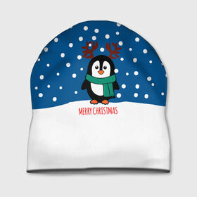 Шапка 3D с принтом Праздничный пингвинчик в Санкт-Петербурге, 100% полиэстер | универсальный размер, печать по всей поверхности изделия | christmas | deer | new | pinguin | snow | snowflakes | winter | xmas | year | год | зима | новый | олень | пингвин | рождество | снег | снежинки