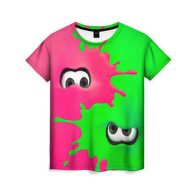 Женская футболка 3D с принтом Splatoon в Санкт-Петербурге, 100% полиэфир ( синтетическое хлопкоподобное полотно) | прямой крой, круглый вырез горловины, длина до линии бедер | брызги | глаза | зеленый | игра | краски | розовый | салатовый