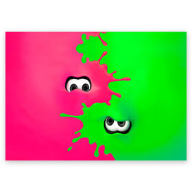 Поздравительная открытка с принтом Splatoon в Санкт-Петербурге, 100% бумага | плотность бумаги 280 г/м2, матовая, на обратной стороне линовка и место для марки
 | Тематика изображения на принте: брызги | глаза | зеленый | игра | краски | розовый | салатовый