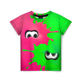 Детская футболка 3D с принтом Splatoon в Санкт-Петербурге, 100% гипоаллергенный полиэфир | прямой крой, круглый вырез горловины, длина до линии бедер, чуть спущенное плечо, ткань немного тянется | брызги | глаза | зеленый | игра | краски | розовый | салатовый