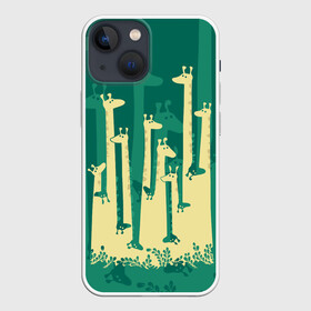 Чехол для iPhone 13 mini с принтом Жирафы в Санкт-Петербурге,  |  | africa | animals | fantasy | giraffes | long | neck | silhouette | spots | stencil | surrealism | аниме | африка | ветки | длинная | животные | жирафы | зелёный | картинка | крутой | листья | лучший | пятна | растения | рисунок | силуэт