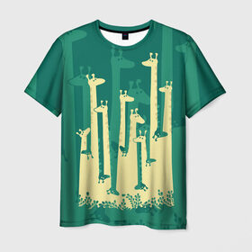 Мужская футболка 3D с принтом Жирафы в Санкт-Петербурге, 100% полиэфир | прямой крой, круглый вырез горловины, длина до линии бедер | africa | animals | fantasy | giraffes | long | neck | silhouette | spots | stencil | surrealism | аниме | африка | ветки | длинная | животные | жирафы | зелёный | картинка | крутой | листья | лучший | пятна | растения | рисунок | силуэт