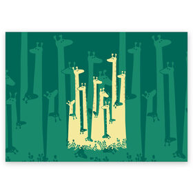 Поздравительная открытка с принтом Жирафы в Санкт-Петербурге, 100% бумага | плотность бумаги 280 г/м2, матовая, на обратной стороне линовка и место для марки
 | Тематика изображения на принте: africa | animals | fantasy | giraffes | long | neck | silhouette | spots | stencil | surrealism | аниме | африка | ветки | длинная | животные | жирафы | зелёный | картинка | крутой | листья | лучший | пятна | растения | рисунок | силуэт