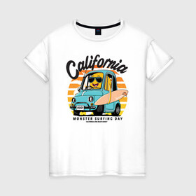 Женская футболка хлопок с принтом Калифорния в Санкт-Петербурге, 100% хлопок | прямой крой, круглый вырез горловины, длина до линии бедер, слегка спущенное плечо | california | surfing | авто | калифорния | лето | монстр | серфинг