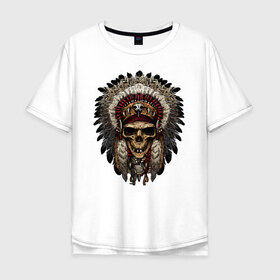 Мужская футболка хлопок Oversize с принтом Индеец в Санкт-Петербурге, 100% хлопок | свободный крой, круглый ворот, “спинка” длиннее передней части | индеец | индейцы | перья | хиппи | череп