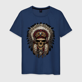 Мужская футболка хлопок с принтом Индеец в Санкт-Петербурге, 100% хлопок | прямой крой, круглый вырез горловины, длина до линии бедер, слегка спущенное плечо. | индеец | индейцы | перья | хиппи | череп