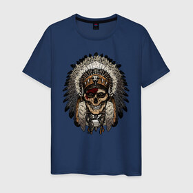 Мужская футболка хлопок с принтом Индеец в Санкт-Петербурге, 100% хлопок | прямой крой, круглый вырез горловины, длина до линии бедер, слегка спущенное плечо. | индеец | индейцы | хиппи | череп