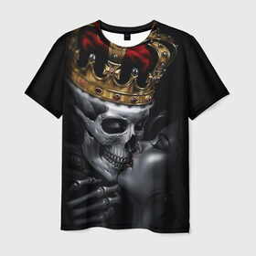 Мужская футболка 3D с принтом Скелет и девушка в Санкт-Петербурге, 100% полиэфир | прямой крой, круглый вырез горловины, длина до линии бедер | девушка | женщина | король | корона | любовь | пара | поцелуй | скелет | череп