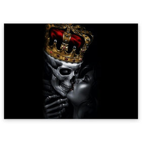 Поздравительная открытка с принтом Скелет и девушка в Санкт-Петербурге, 100% бумага | плотность бумаги 280 г/м2, матовая, на обратной стороне линовка и место для марки
 | девушка | женщина | король | корона | любовь | пара | поцелуй | скелет | череп