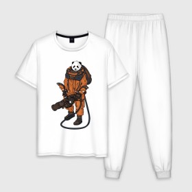 Мужская пижама хлопок с принтом Панда Космонавт в Санкт-Петербурге, 100% хлопок | брюки и футболка прямого кроя, без карманов, на брюках мягкая резинка на поясе и по низу штанин
 | астронавт | космонавт | космос | панда | панды