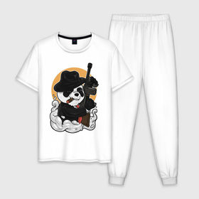 Мужская пижама хлопок с принтом Гангстер Панда в Санкт-Петербурге, 100% хлопок | брюки и футболка прямого кроя, без карманов, на брюках мягкая резинка на поясе и по низу штанин
 | автомат | банда | гангстер | мафия | панда | панды | преступник | томпсон