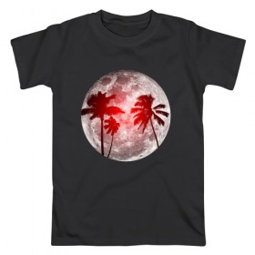 Мужская футболка хлопок с принтом Красный закат в тропиках в Санкт-Петербурге, 100% хлопок | прямой крой, круглый вырез горловины, длина до линии бедер, слегка спущенное плечо. | закат | лето | луна | ночь | пальмы | тропики