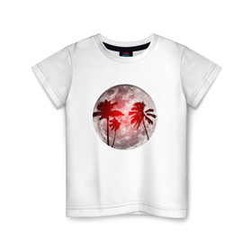 Детская футболка хлопок с принтом Красный закат в тропиках в Санкт-Петербурге, 100% хлопок | круглый вырез горловины, полуприлегающий силуэт, длина до линии бедер | закат | лето | луна | ночь | пальмы | тропики