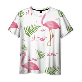 Мужская футболка 3D с принтом Lil Peep pink flamingo в Санкт-Петербурге, 100% полиэфир | прямой крой, круглый вырез горловины, длина до линии бедер | benz truck | girls. pink | gustav hr | hip hop | lil | lil peep | peep | rap | лил | лилпип | листья | пальма | пальмы | пип | розовый | рэп | фламинго | хип хоп | эмо | эмо реп