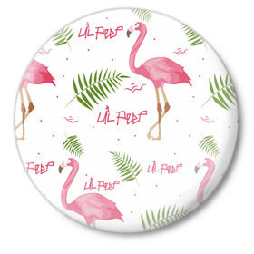 Значок с принтом Lil Peep pink flamingo в Санкт-Петербурге,  металл | круглая форма, металлическая застежка в виде булавки | benz truck | girls. pink | gustav hr | hip hop | lil | lil peep | peep | rap | лил | лилпип | листья | пальма | пальмы | пип | розовый | рэп | фламинго | хип хоп | эмо | эмо реп