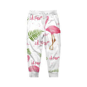 Детские брюки 3D с принтом Lil Peep pink flamingo в Санкт-Петербурге, 100% полиэстер | манжеты по низу, эластичный пояс регулируется шнурком, по бокам два кармана без застежек, внутренняя часть кармана из мелкой сетки | benz truck | girls. pink | gustav hr | hip hop | lil | lil peep | peep | rap | лил | лилпип | листья | пальма | пальмы | пип | розовый | рэп | фламинго | хип хоп | эмо | эмо реп