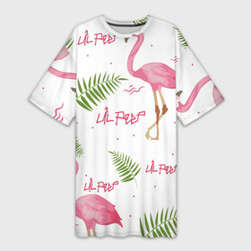 Платье-футболка 3D с принтом Lil Peep pink flamingo в Санкт-Петербурге,  |  | benz truck | girls. pink | gustav hr | hip hop | lil | lil peep | peep | rap | лил | лилпип | листья | пальма | пальмы | пип | розовый | рэп | фламинго | хип хоп | эмо | эмо реп