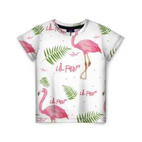 Детская футболка 3D с принтом Lil Peep pink flamingo в Санкт-Петербурге, 100% гипоаллергенный полиэфир | прямой крой, круглый вырез горловины, длина до линии бедер, чуть спущенное плечо, ткань немного тянется | benz truck | girls. pink | gustav hr | hip hop | lil | lil peep | peep | rap | лил | лилпип | листья | пальма | пальмы | пип | розовый | рэп | фламинго | хип хоп | эмо | эмо реп