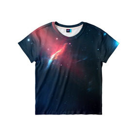 Детская футболка 3D с принтом Космическое сияние в Санкт-Петербурге, 100% гипоаллергенный полиэфир | прямой крой, круглый вырез горловины, длина до линии бедер, чуть спущенное плечо, ткань немного тянется | Тематика изображения на принте: galaxy | nebula | space | star | абстракция | вселенная | галактика | звезда | звезды | космический | планеты