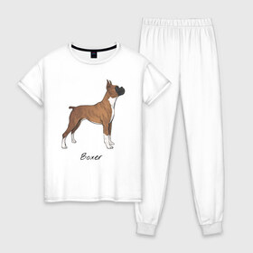 Женская пижама хлопок с принтом Немецкий Боксер в Санкт-Петербурге, 100% хлопок | брюки и футболка прямого кроя, без карманов, на брюках мягкая резинка на поясе и по низу штанин | boxer | dog | боксёр | собака | собака боксер | собаки