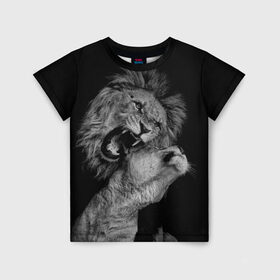 Детская футболка 3D с принтом Лев и львица в Санкт-Петербурге, 100% гипоаллергенный полиэфир | прямой крой, круглый вырез горловины, длина до линии бедер, чуть спущенное плечо, ткань немного тянется | животные | кот | кошка | лев | львица | оскал | природа | рык | рычит | хищник
