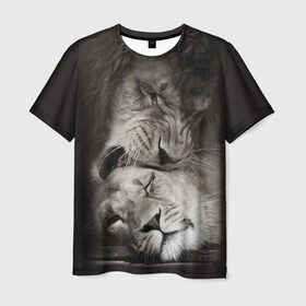 Мужская футболка 3D с принтом Лев и львица в Санкт-Петербурге, 100% полиэфир | прямой крой, круглый вырез горловины, длина до линии бедер | животные | кот | кошка | лев | львица | оскал | природа | рык | рычит | хищник