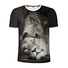 Мужская футболка 3D спортивная с принтом Лев и львица в Санкт-Петербурге, 100% полиэстер с улучшенными характеристиками | приталенный силуэт, круглая горловина, широкие плечи, сужается к линии бедра | животные | кот | кошка | лев | львица | оскал | природа | рык | рычит | хищник