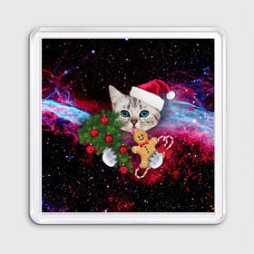Магнит 55*55 с принтом astro cat в Санкт-Петербурге, Пластик | Размер: 65*65 мм; Размер печати: 55*55 мм | art | cat | new year | pizza | space | абстракция | еда | ёлка | звезды | киса | космос | кот | кот в космосе | кот с едой | котенок | котик | кошка | новый год | пицца | праздник | рождество | шапка