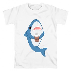 Мужская футболка хлопок с принтом Hype Shark в Санкт-Петербурге, 100% хлопок | прямой крой, круглый вырез горловины, длина до линии бедер, слегка спущенное плечо. | coffee | cute | hype | kawaii | shark | акула | кофе | милый | море | рыба | хищник