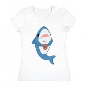 Женская футболка хлопок с принтом Hype Shark в Санкт-Петербурге, 100% хлопок | прямой крой, круглый вырез горловины, длина до линии бедер, слегка спущенное плечо | coffee | cute | hype | kawaii | shark | акула | кофе | милый | море | рыба | хищник