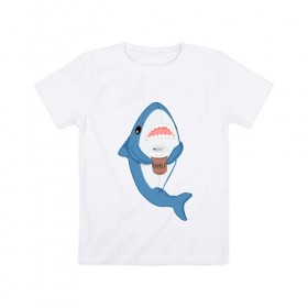 Детская футболка хлопок с принтом Hype Shark в Санкт-Петербурге, 100% хлопок | круглый вырез горловины, полуприлегающий силуэт, длина до линии бедер | Тематика изображения на принте: coffee | cute | hype | kawaii | shark | акула | кофе | милый | море | рыба | хищник