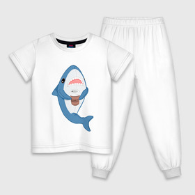 Детская пижама хлопок с принтом Hype Shark в Санкт-Петербурге, 100% хлопок |  брюки и футболка прямого кроя, без карманов, на брюках мягкая резинка на поясе и по низу штанин
 | coffee | cute | hype | kawaii | shark | акула | кофе | милый | море | рыба | хищник