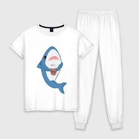 Женская пижама хлопок с принтом Hype Shark в Санкт-Петербурге, 100% хлопок | брюки и футболка прямого кроя, без карманов, на брюках мягкая резинка на поясе и по низу штанин | coffee | cute | hype | kawaii | shark | акула | кофе | милый | море | рыба | хищник
