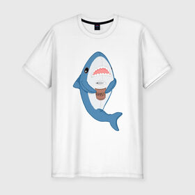 Мужская футболка премиум с принтом Hype Shark в Санкт-Петербурге, 92% хлопок, 8% лайкра | приталенный силуэт, круглый вырез ворота, длина до линии бедра, короткий рукав | coffee | cute | hype | kawaii | shark | акула | кофе | милый | море | рыба | хищник