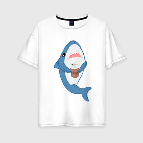 Женская футболка хлопок Oversize с принтом Hype Shark в Санкт-Петербурге, 100% хлопок | свободный крой, круглый ворот, спущенный рукав, длина до линии бедер
 | coffee | cute | hype | kawaii | shark | акула | кофе | милый | море | рыба | хищник