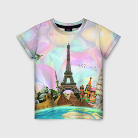 Детская футболка 3D с принтом Туризм в Санкт-Петербурге, 100% гипоаллергенный полиэфир | прямой крой, круглый вырез горловины, длина до линии бедер, чуть спущенное плечо, ткань немного тянется | биг бен | египет | земля | кремль | лондон | москва | небо | океан | париж | пиза | пизанская башня | пирамиды | птицы | путешествия | самлет | страна | тайланд | туризм | часы