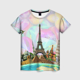 Женская футболка 3D с принтом Туризм в Санкт-Петербурге, 100% полиэфир ( синтетическое хлопкоподобное полотно) | прямой крой, круглый вырез горловины, длина до линии бедер | биг бен | египет | земля | кремль | лондон | москва | небо | океан | париж | пиза | пизанская башня | пирамиды | птицы | путешествия | самлет | страна | тайланд | туризм | часы