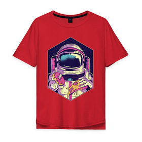 Мужская футболка хлопок Oversize с принтом Космонавт с Едой в Санкт-Петербурге, 100% хлопок | свободный крой, круглый ворот, “спинка” длиннее передней части | Тематика изображения на принте: астронавт | в космосе | галактика | еда | звезды | космонавт | космос | пицца | пончик