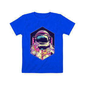 Детская футболка хлопок с принтом Космонавт с Едой в Санкт-Петербурге, 100% хлопок | круглый вырез горловины, полуприлегающий силуэт, длина до линии бедер | Тематика изображения на принте: астронавт | в космосе | галактика | еда | звезды | космонавт | космос | пицца | пончик