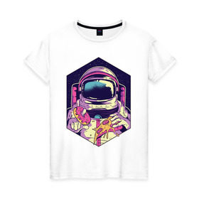 Женская футболка хлопок с принтом Космонавт с Едой в Санкт-Петербурге, 100% хлопок | прямой крой, круглый вырез горловины, длина до линии бедер, слегка спущенное плечо | астронавт | в космосе | галактика | еда | звезды | космонавт | космос | пицца | пончик