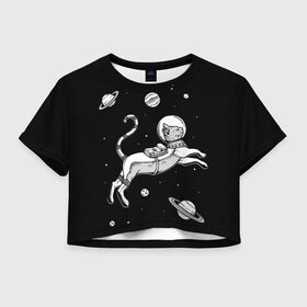 Женская футболка 3D укороченная с принтом кот в скафандре в Санкт-Петербурге, 100% полиэстер | круглая горловина, длина футболки до линии талии, рукава с отворотами | space | астронавт | галактика | звезды | космонавт | космос | кот | планеты | скафандр